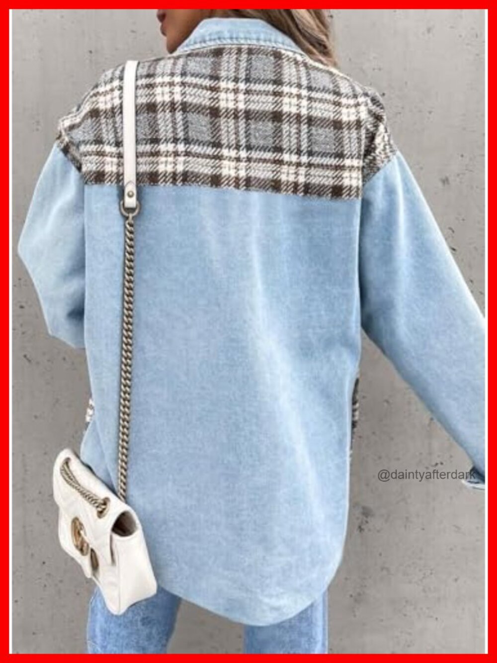 Oversized Plaid Denim Shacket Button Down Long Sleeve Jean Jacket - Picture 5 of 6